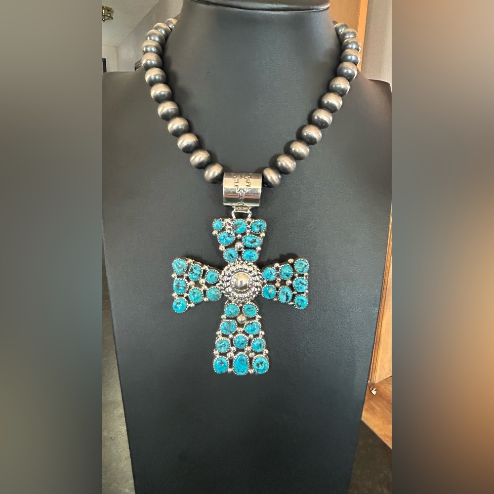 Navajo Kingman Turquoise Custom Made Sterling Silver Cross
